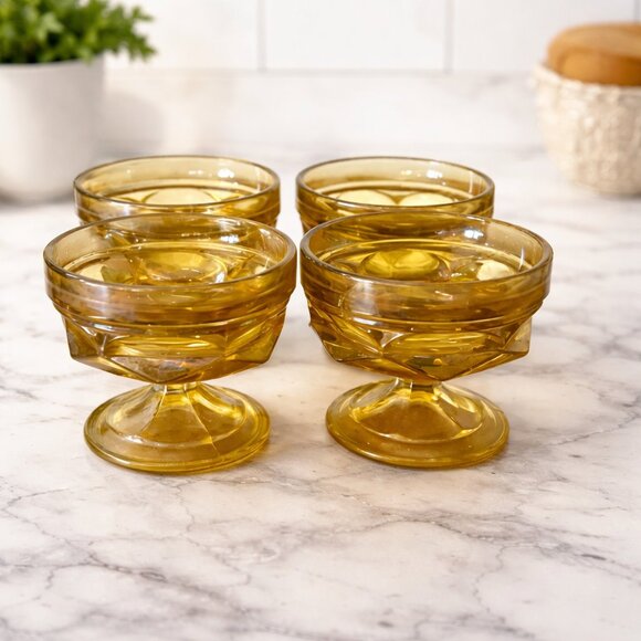 Anchor Hocking Other - Vintage Amber Glass Dessert Cups Set of 4 | Pedestal Sherbet Bowls | MCM